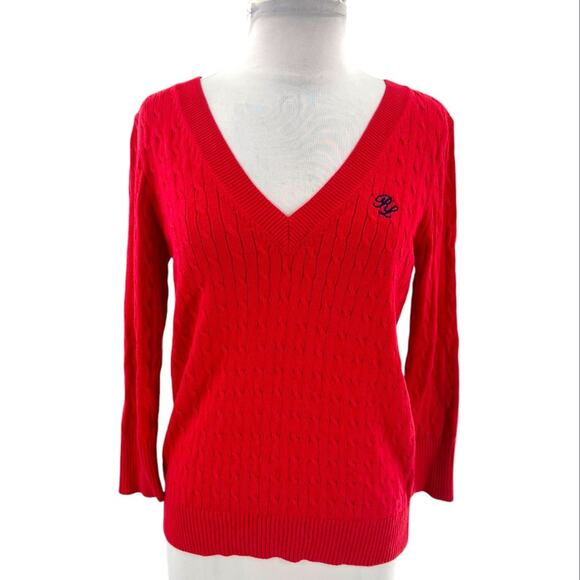 Polo Ralph Lauren Y2k cable Red V-Neck Sweater embroidered initial sz S - Picture 1 of 5